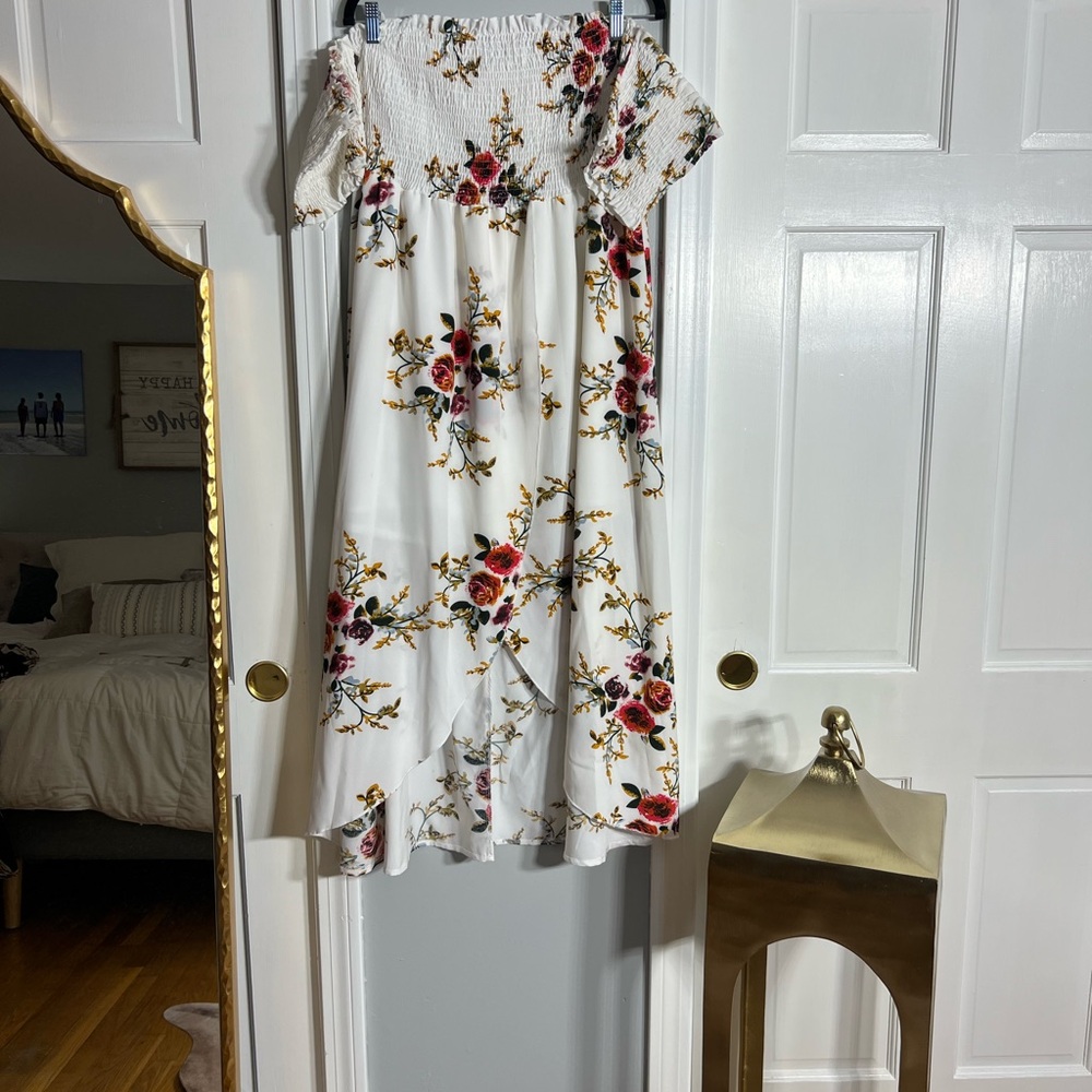 Floral White Dress with Red and Yellow Accents